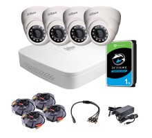 Комплект видеонаблюдения внутренний 4 Мп: видеорегистратор XVR5104C-I3, 4 камеры DH-HAC-HDW1400MP (2.8 мм), жесткий диск, блок питания, разветвитель питания, 4 BNC-power кабеля