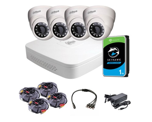 Комплект видеонаблюдения внутренний 4 Мп: видеорегистратор XVR5104C-I3, 4 камеры DH-HAC-HDW1400MP (2.8 мм), жесткий диск, блок питания, разветвитель питания, 4 BNC-power кабеля