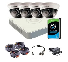 Комплект видеонаблюдения внутренний 2 Мп: видеорегистратор DS-7104HQHI-K1(S), 4 камеры DS-2CE56D0T-IRMMF (C) (2.8 мм), жесткий диск, блок питания, разветвитель питания, 4 BNC-power кабеля