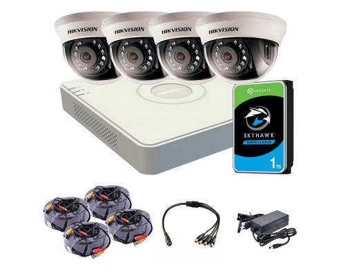 Комплект видеонаблюдения внутренний 2 Мп: видеорегистратор DS-7104HQHI-K1(S), 4 камеры DS-2CE56D0T-IRMMF (C) (2.8 мм), жесткий диск, блок питания, разветвитель питания, 4 BNC-power кабеля