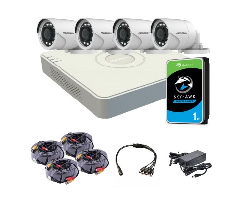 Комплект видеонаблюдения для улицы 2 Мп: видеорегистратор DS-7104HQHI-K1(S), 4 камеры DS-2CE16D0T-IRF (C) (3.6 мм), жесткий диск, блок питания, разветвитель питания, 4 BNC-power кабеля