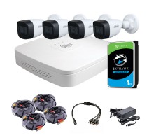 Комплект видеонаблюдения для улицы 2 Мп: видеорегистратор DH-XVR4104C-I, 4 камеры DH-HAC-HFW1200CP (2.8 мм), жесткий диск, блок питания, разветвитель питания, 4 BNC-power кабеля