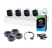 Комплект видеонаблюдения для улицы 4 Мп: видеорегистратор XVR5104C-I3, 4 камеры DH-HAC-HFW1400CP (2.8 мм), жесткий диск, блок питания, разветвитель питания, 4 BNC-power кабеля