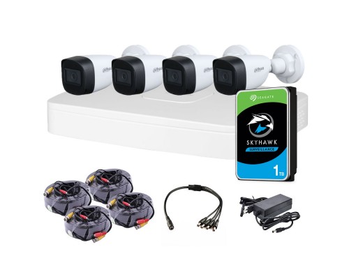 Комплект відеоспостереження для вулиці 4 Мп: відеореєстратор XVR5104C-I3, 4 камери DH-HAC-HFW1400CP (2.8 мм), жорсткий диск, блок живлення, розгалуджувач живлення, 4 BNC-power кабелі